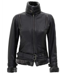 Black Leather Shearling Jacket for Women’s