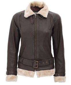 Women Dark Brown Leather Shearling Aviator Jacket