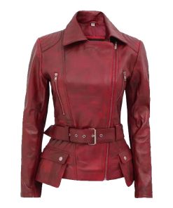 Womens Distressed Maroon Biker Jacket