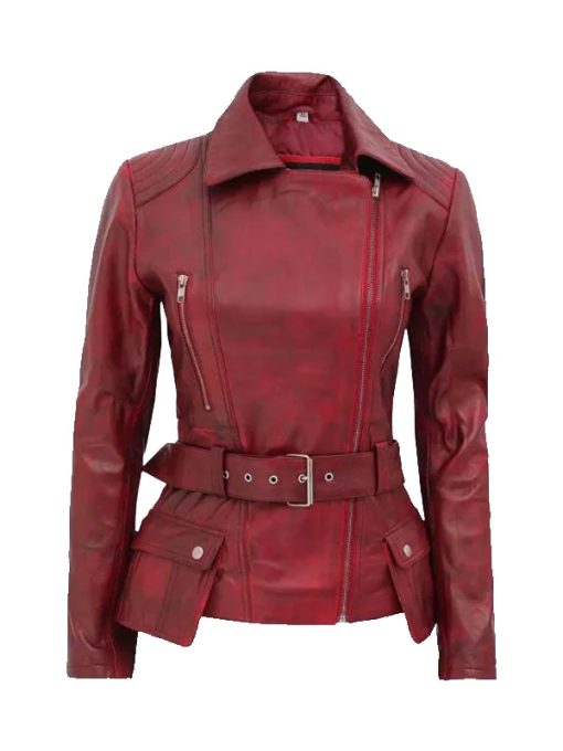 Womens Distressed Maroon Biker Jacket