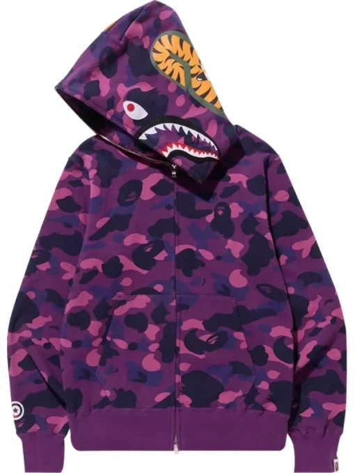 Purple Color Camo Shark Full Zip Bape Hoodie