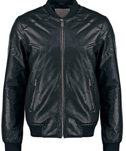 Mens-Sheepskin-Leather-Bomber-Jacket-Black-FRONT