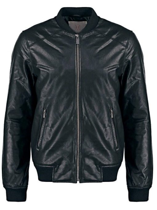 Mens-Sheepskin-Leather-Bomber-Jacket-Black-FRONT