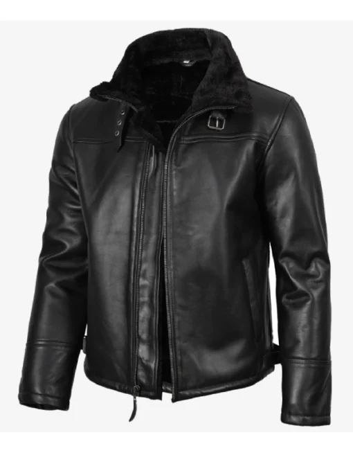 Men Bomber Black Shearling Leather Jacket