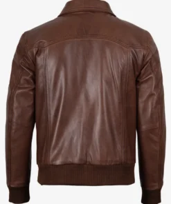Men Brown Shirt Collar Bomber Leather Jacket