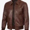 Men Brown Shirt Collar Leather Bomber Jacket