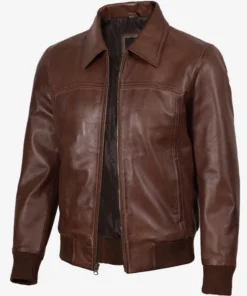 Men Brown Shirt Collar Leather Bomber Jacket