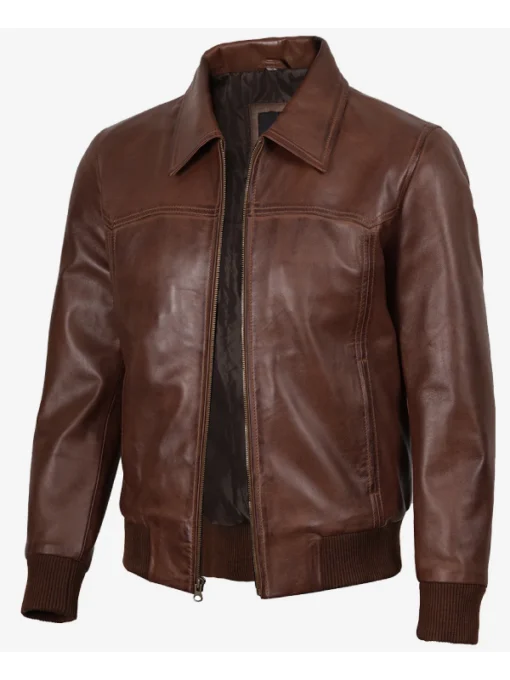 Men Brown Shirt Collar Leather Bomber Jacket