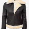 Women Dark Brown Leather Bomber Shearling Jacket
