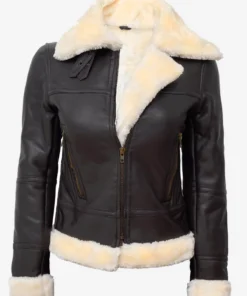 Women Dark Brown Leather Bomber Shearling Jacket