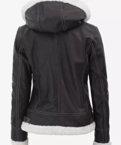 Women Dark Brown White Hooded Shearling Leather Bomber Jacket