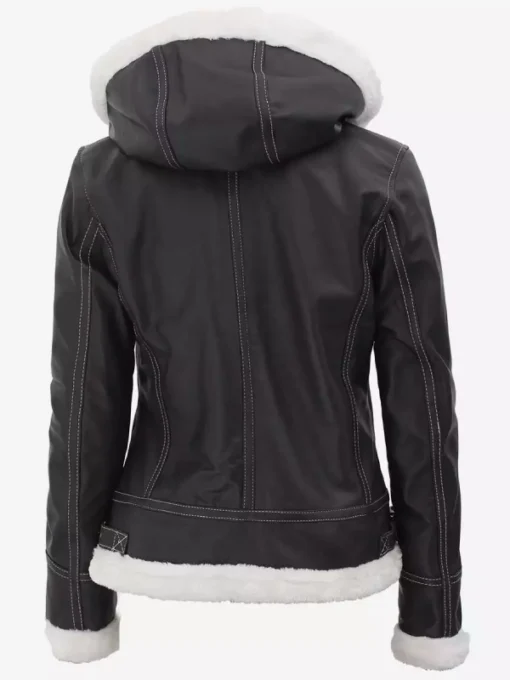 Women Dark Brown White Hooded Shearling Leather Bomber Jacket