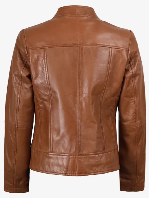Women Tan Brown Leather Cafe Racer Jacket