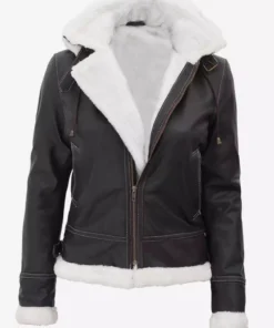 Women White Hooded Dark Brown Shearling Bomber Jacket