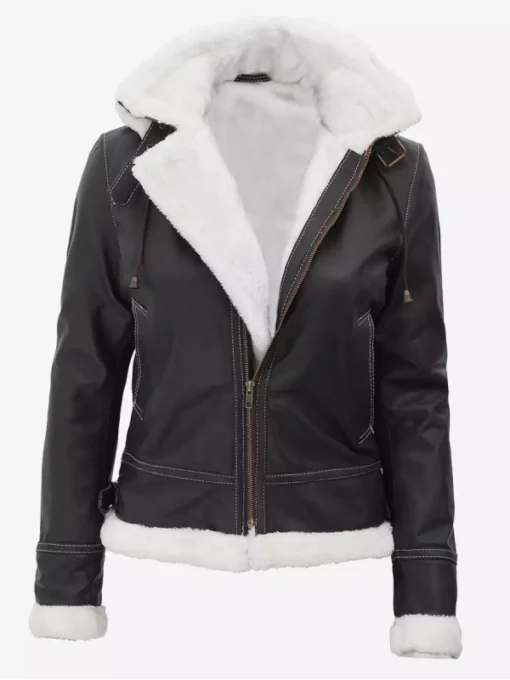 Women White Hooded Dark Brown Shearling Bomber Jacket