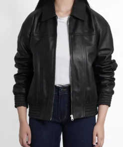 Womens Black Oversized Bomber Leather Jacket
