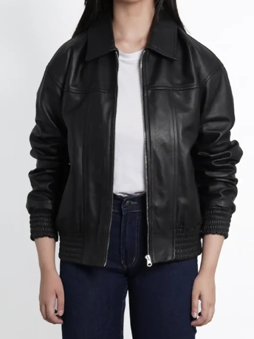 Womens Black Oversized Bomber Leather Jacket