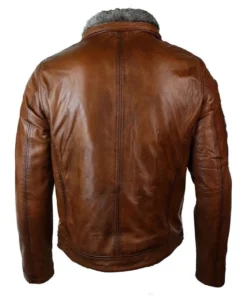 Distressed Leather Jacket Belted Brown Fur Collar For Men’s
