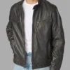Men Vintage Grey Leather Racer Jacket