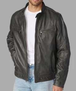 Men Vintage Grey Leather Racer Jacket