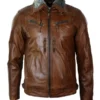Mens Distressed Leather Jacket Belted Brown Fur Collar