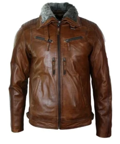 Mens Distressed Leather Jacket Belted Brown Fur Collar