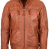 Men Biker Leather Collar Tan Jacket