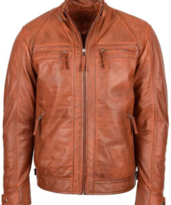 Men Biker Leather Collar Tan Jacket
