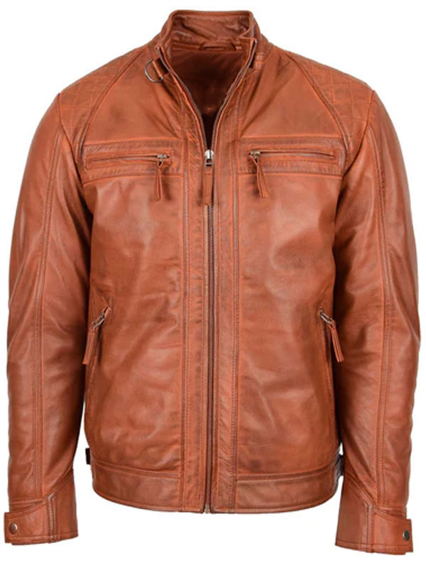 Men Biker Leather Collar Tan Jacket