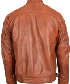 Mens Biker Leather Standing Collar Tan Jacket