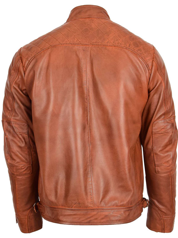 Mens Biker Leather Standing Collar Tan Jacket